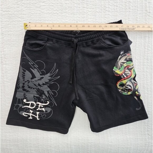 Ed Hardy Fleece Signed Graffiti Shorts Men's L Large Black Elastic NWT 7" Inseam - Picture 4 of 9
